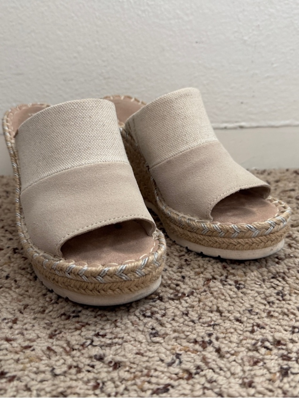 Toms Beige Canvas Espadrille Slide Wedge Sandals